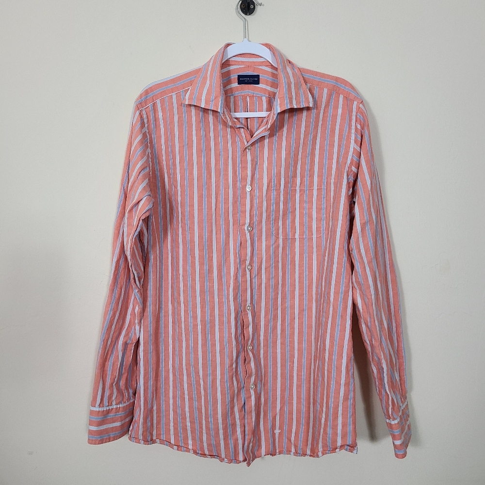 Proper Cloth Coral and Blue‎ Multi Stripe Cotton Linen Oxford Long Sleeve